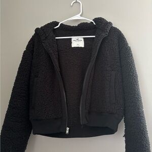 Hollister Cropped Black Sherpa Zip Up Hoodie